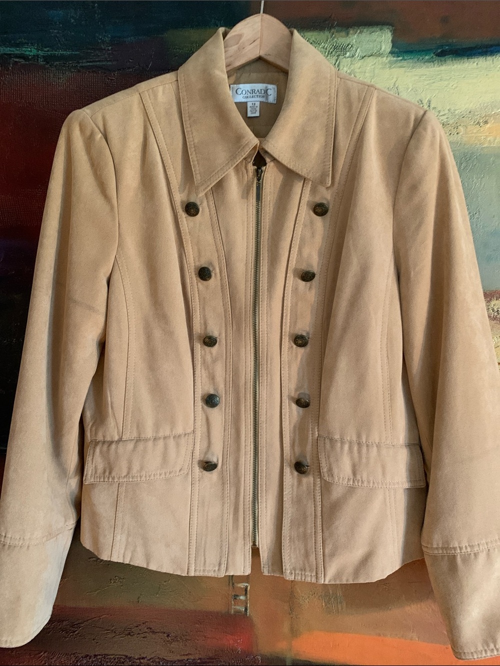 Y2K Faux Suede Military Jacket in Tan, Sz 12